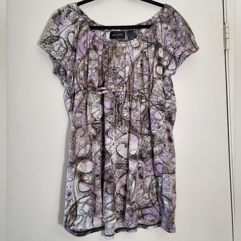 Axcess Purple, Brown, & Cream Boho Patterned Babydoll Milkmaid Top, Size XL